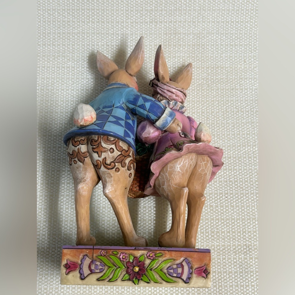 Jim Shore Pink & Blue Bunny Couple with Flower Basket Figurine - Picture 3 of 6